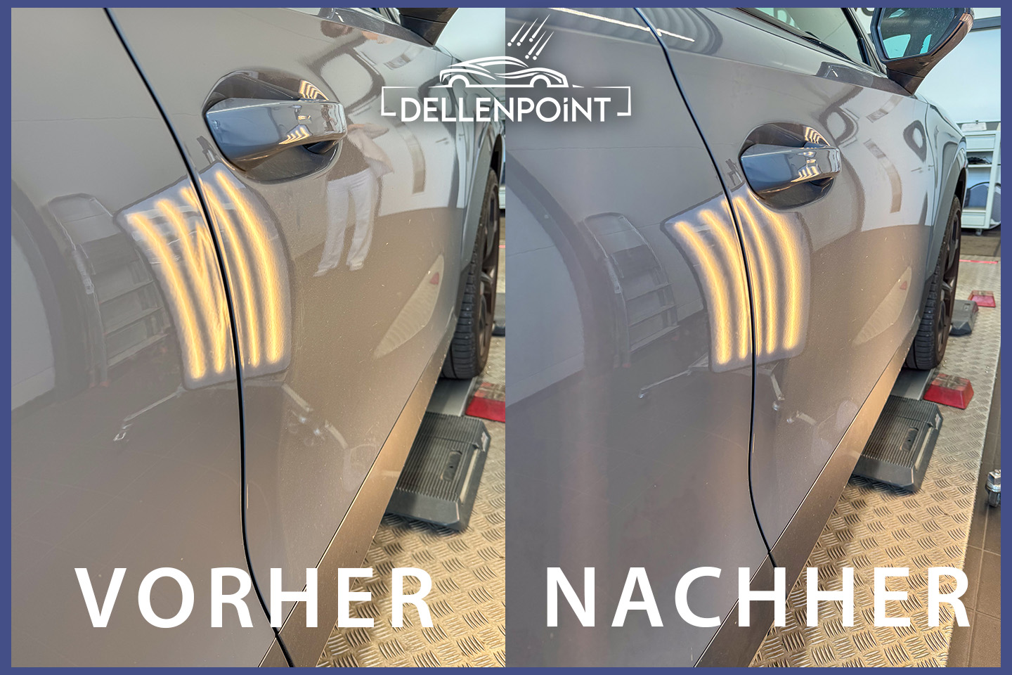 Auto mit Delle vor und nach der Reparatur durch den Beulendoktor Balingen